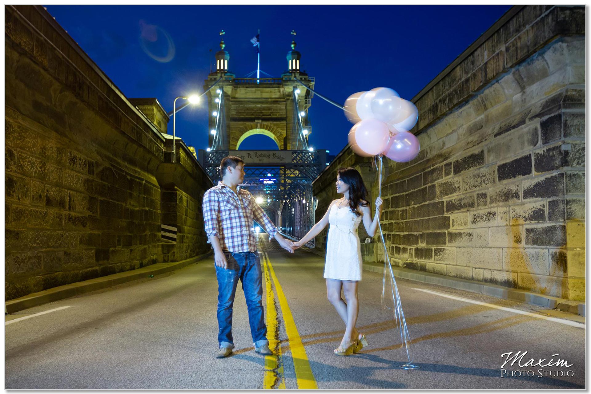 Roebling Bridge Cincinnati engagement balloons