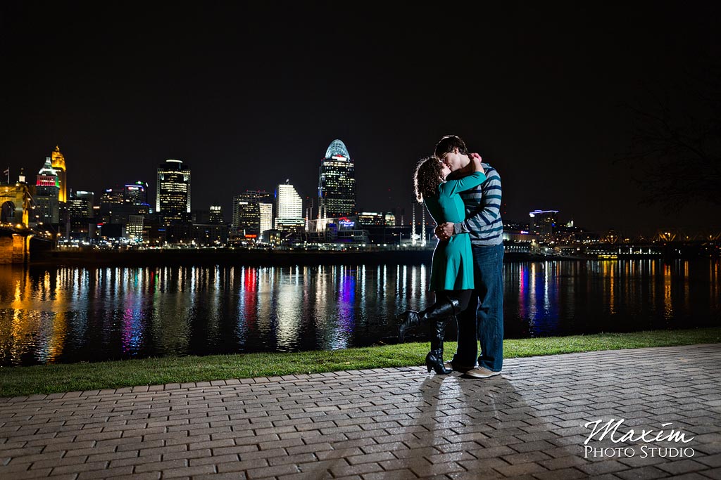 Cincinnati night skyline engagement