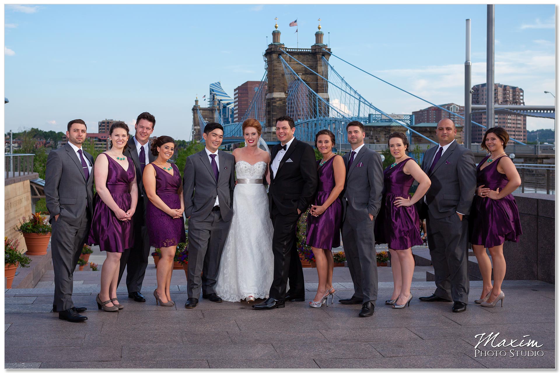 Roebling Bridge Cincinnati Wedding bridal party