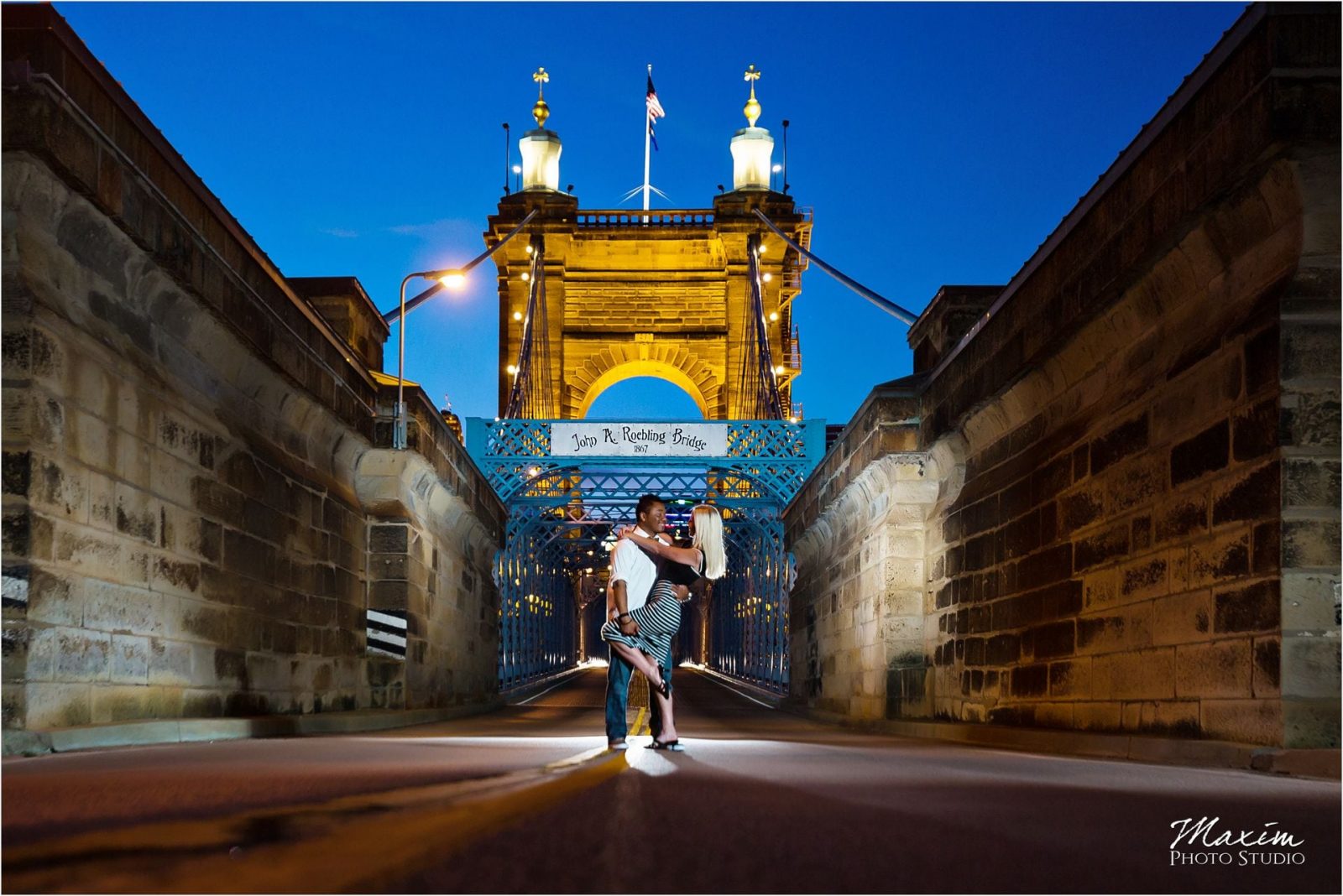 Cincinnati Wedding Photographers Roebling Bridge night engagement