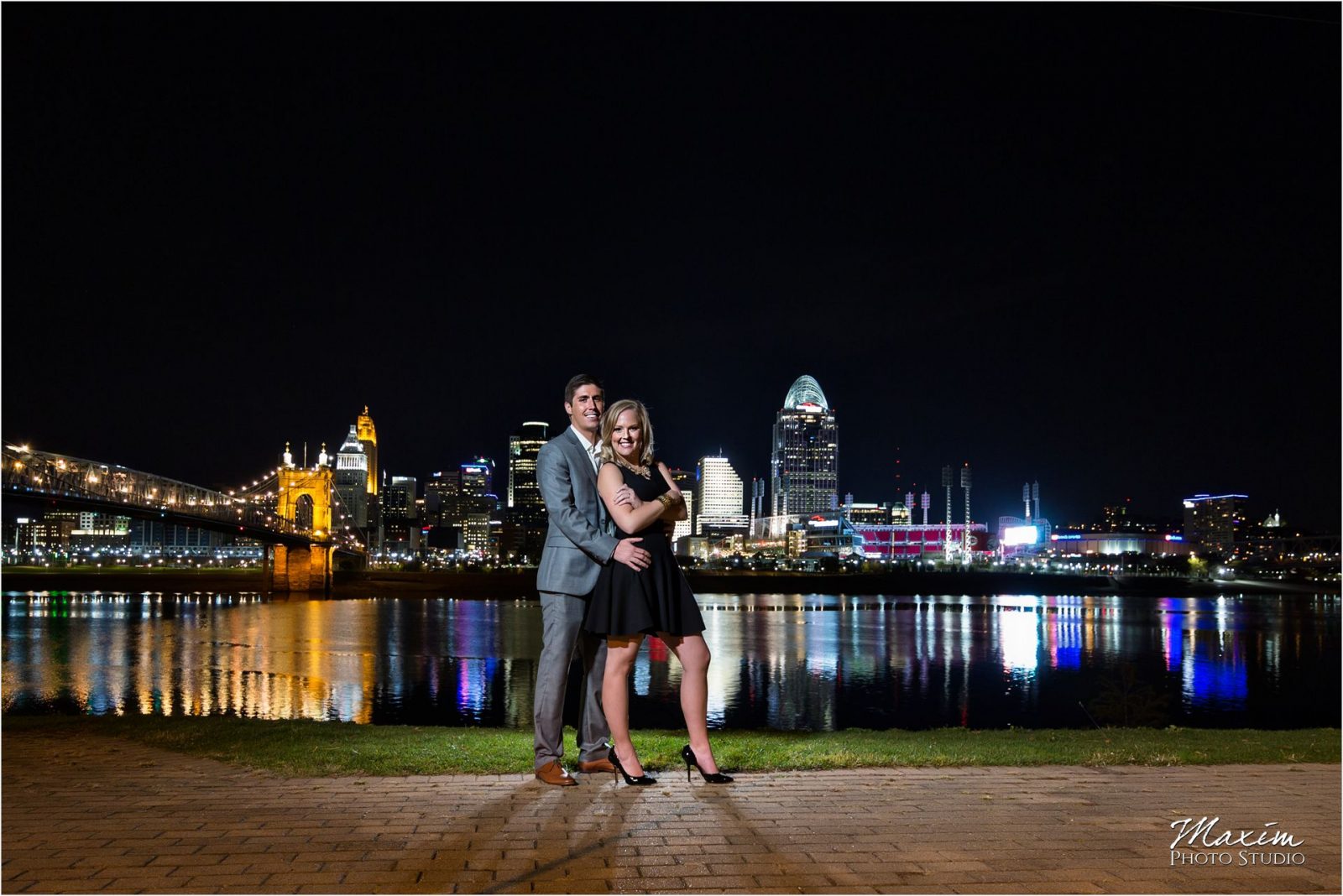 Cincinnati skyline night engagement