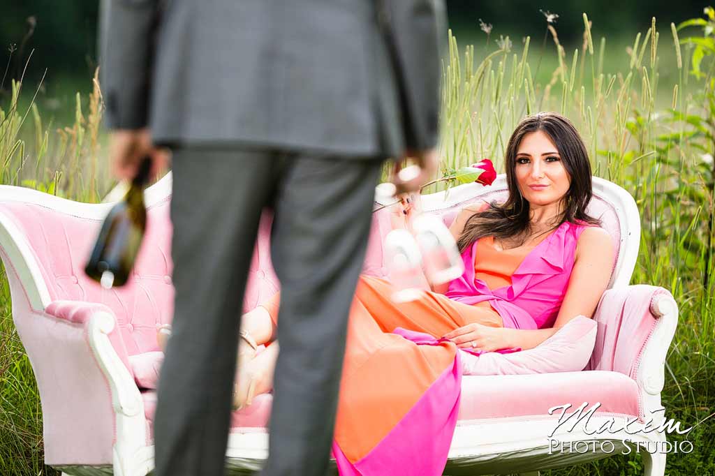 champagne flowers pink dress engagement