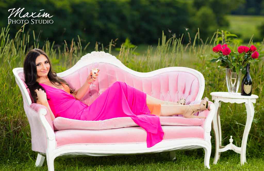 Pink couch champagne bride field