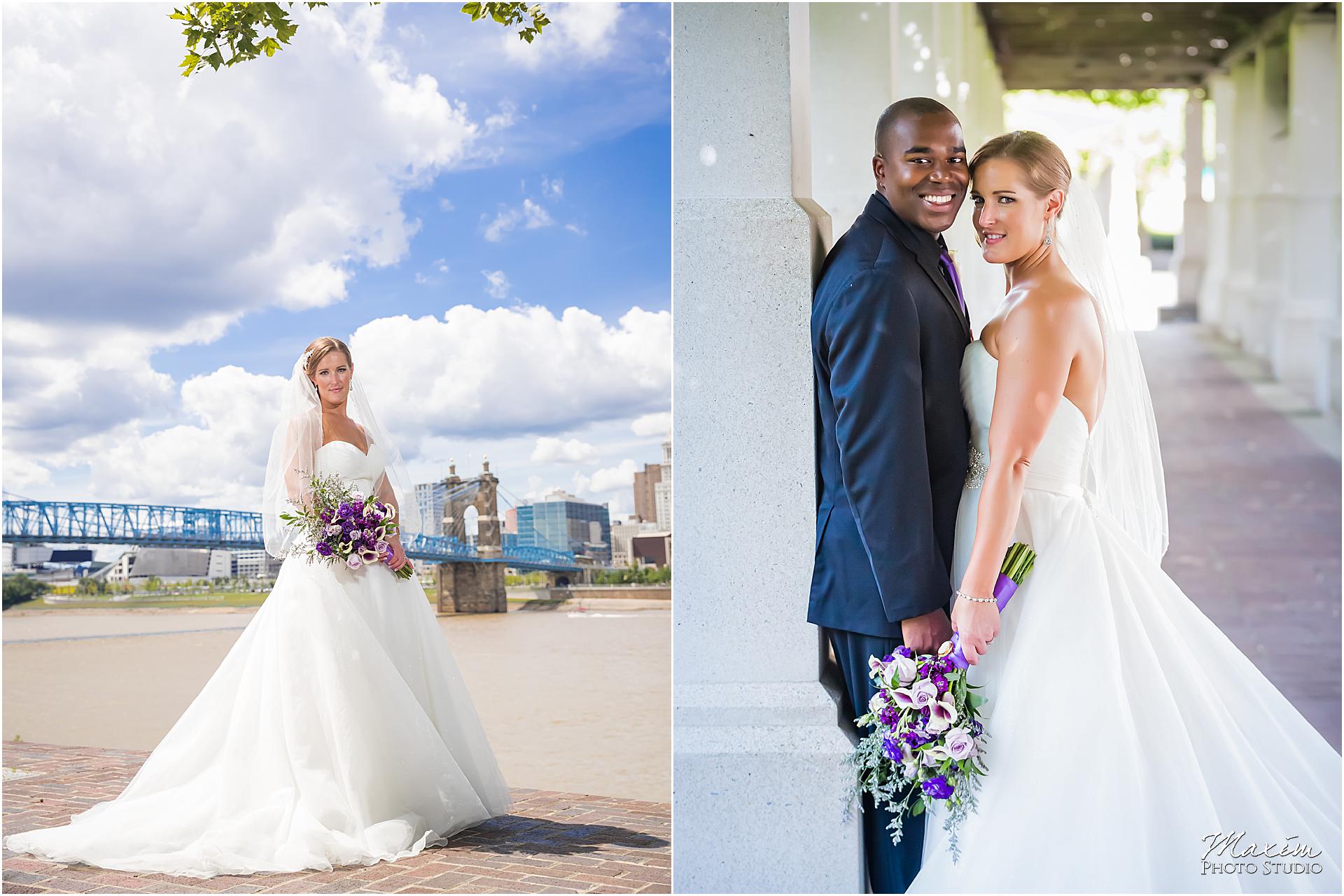 Cincinnati Skyline purple flowers bride
