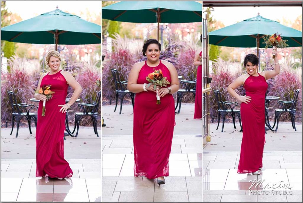 Cincinnati Wedding Photographer, Cincinnati Wedding Ceremony, Red bridesmaids dress, Manor House Atrium