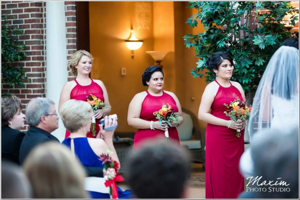 Cincinnati Wedding Photography, Bridesmaids, Red Wedding dress, Manor House Atrium