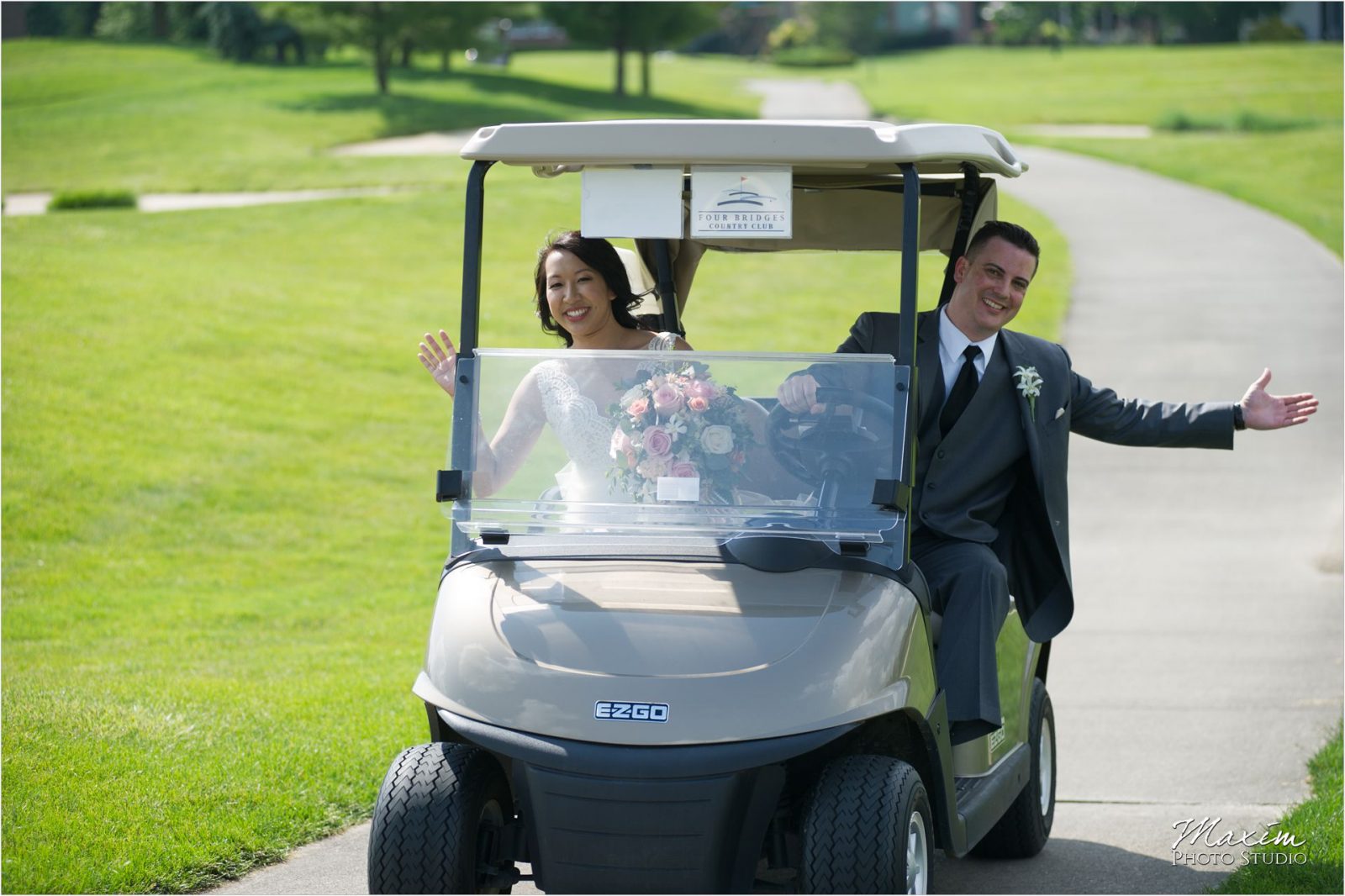 Four Bridges Country Club Wedding Bride Groom Gold Cart