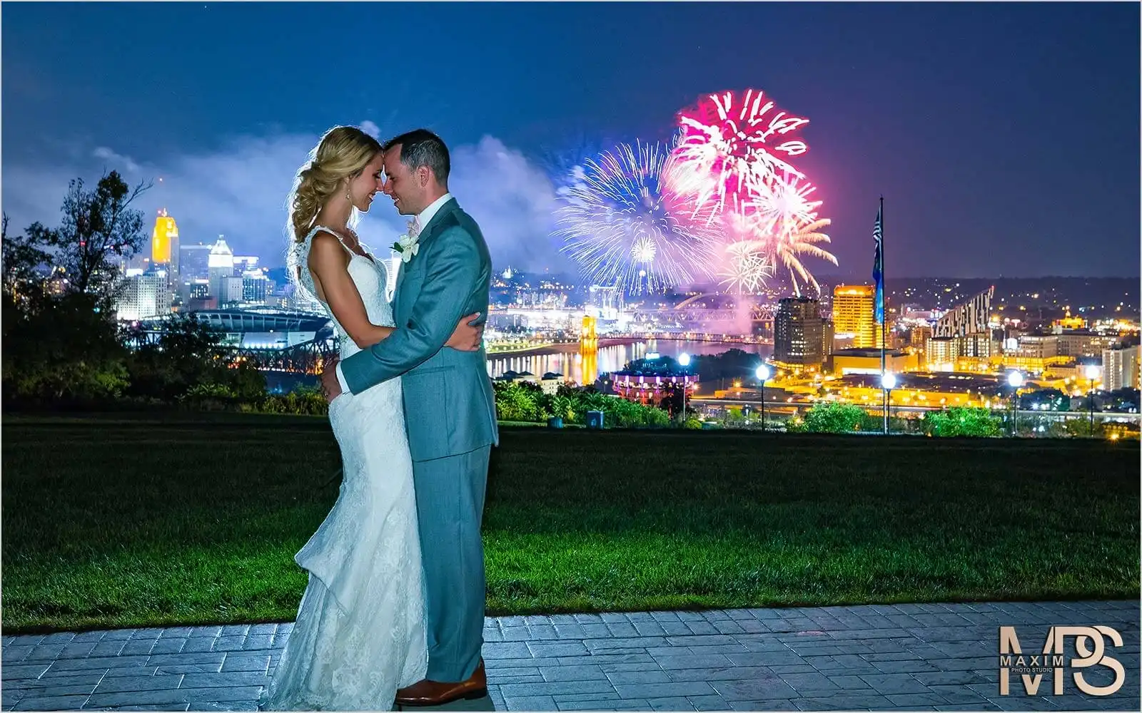 Drees Pavilion Reds Fireworks Friday Cincinnati skyline wedding couple