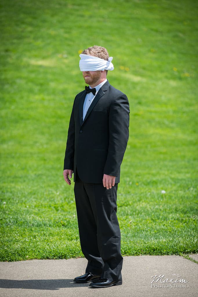 Ault Park Cincinnati Wedding Bride groom blindfolded