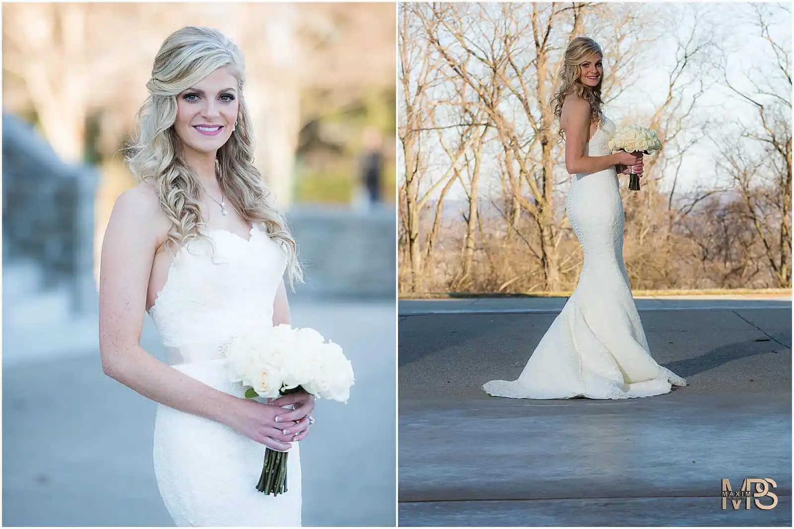 Graceful blonde bride with white bouquet in Cincinnati park.