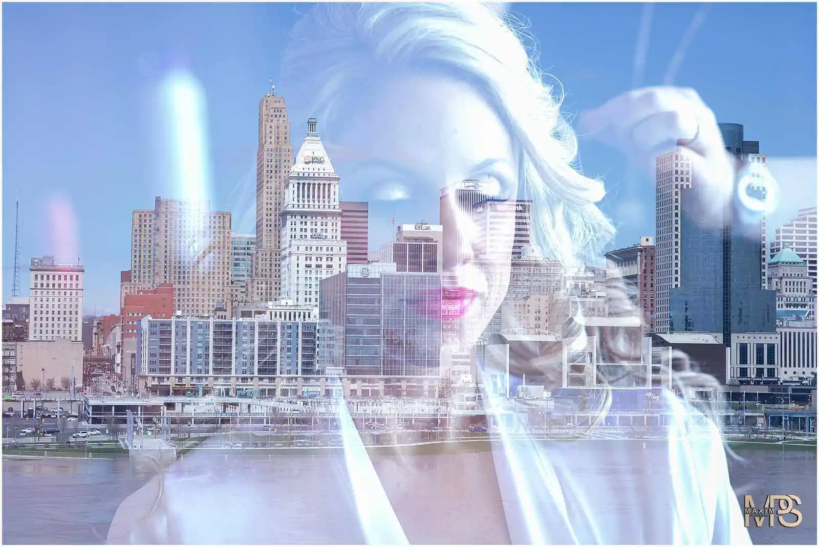 Double exposure of a woman blended with urban skyline.