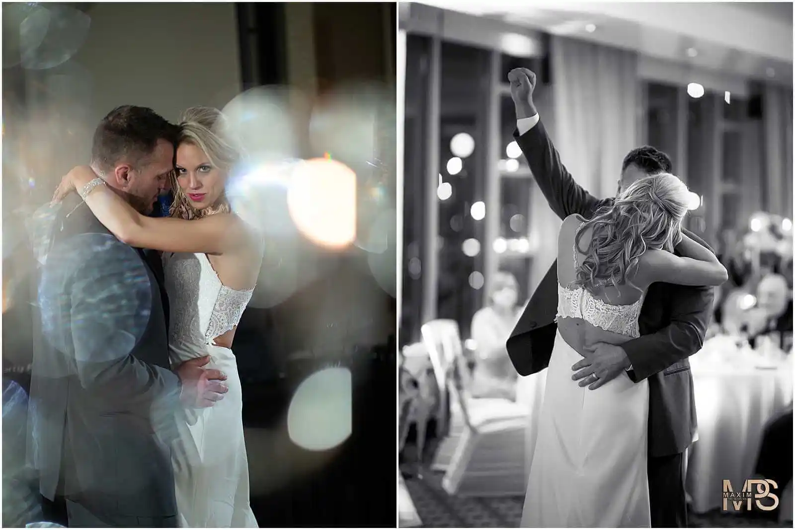 Romantic bride and groom embracing at wedding celebration at Marriott Rivercenter Covington KY wedding
