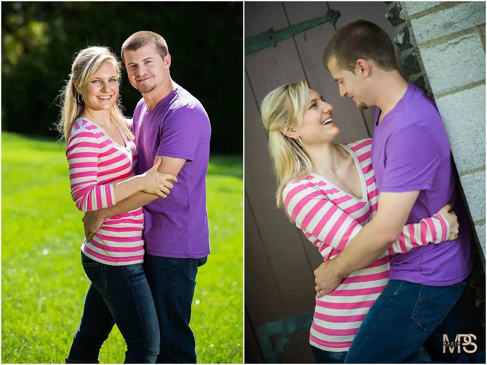 Smiling couple embracing in outdoor photoshoot.