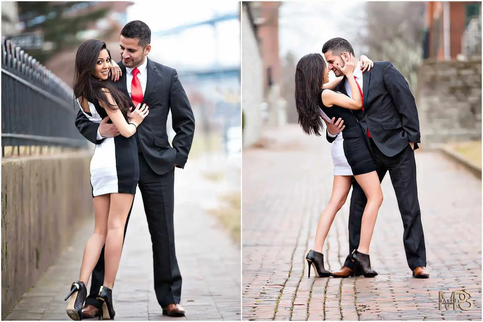 Stylish couple posing in a chic urban engagement photoshoot.