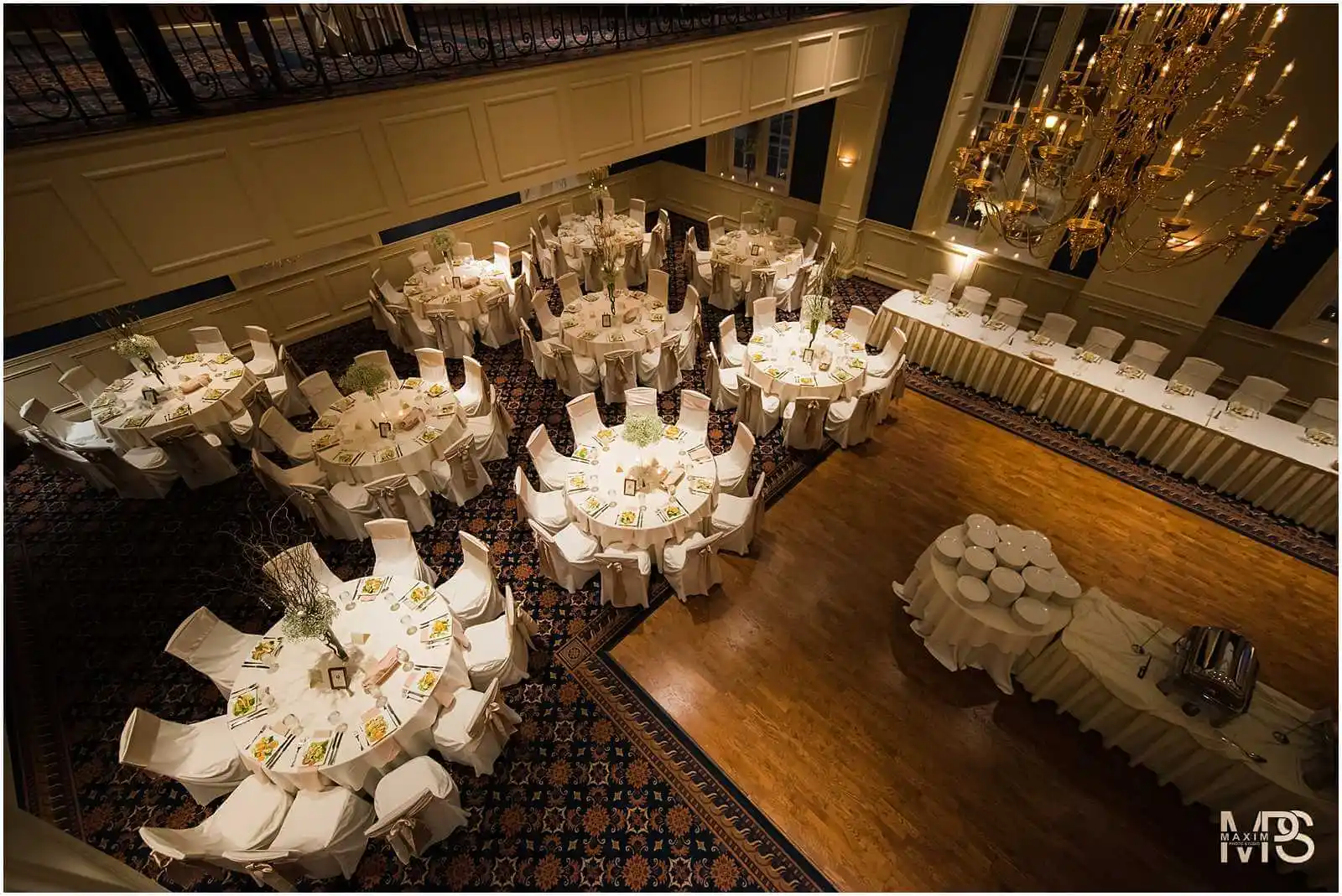 Luxurious banquet hall in Covington set for elegant dining event.