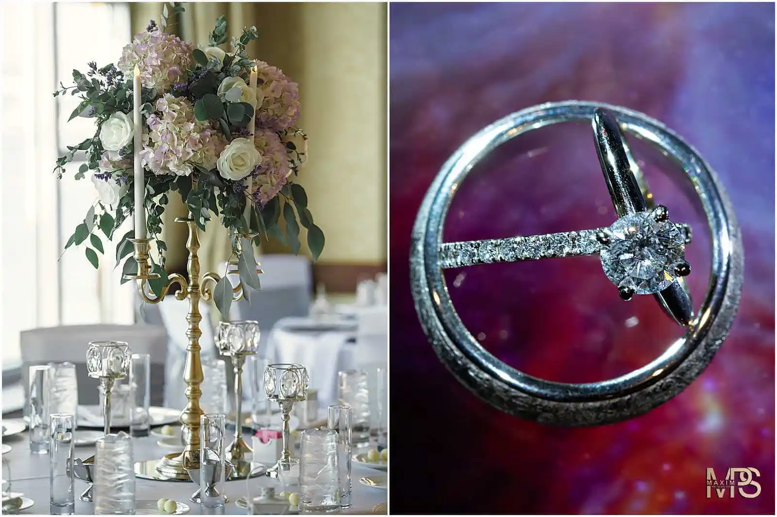 Sophisticated table decor with floral arrangement and sparkling engagement ring Marriott Rivercenter Covington KY wedding
