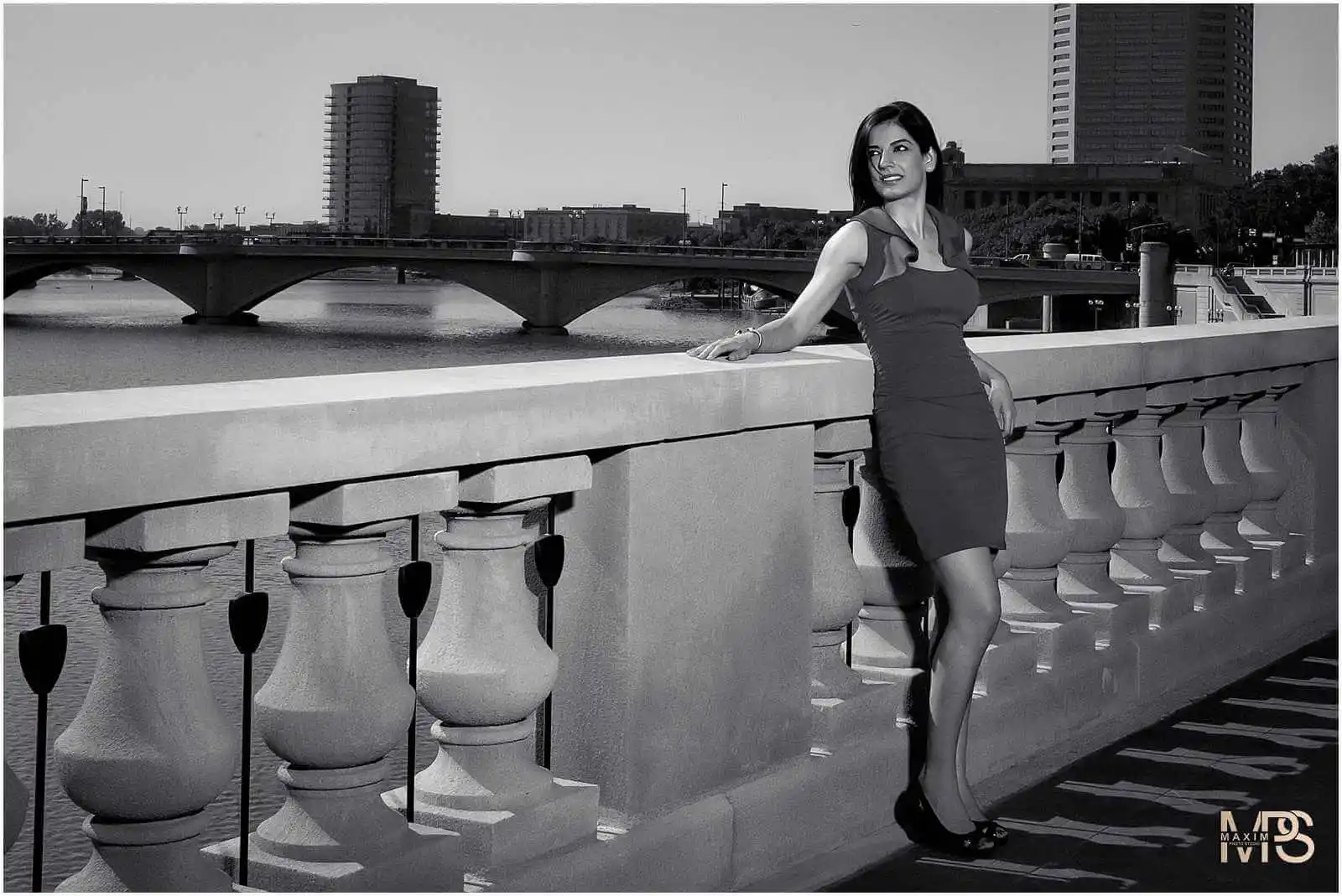Elegant Woman By River Bridge Downtown Columbus Engagement