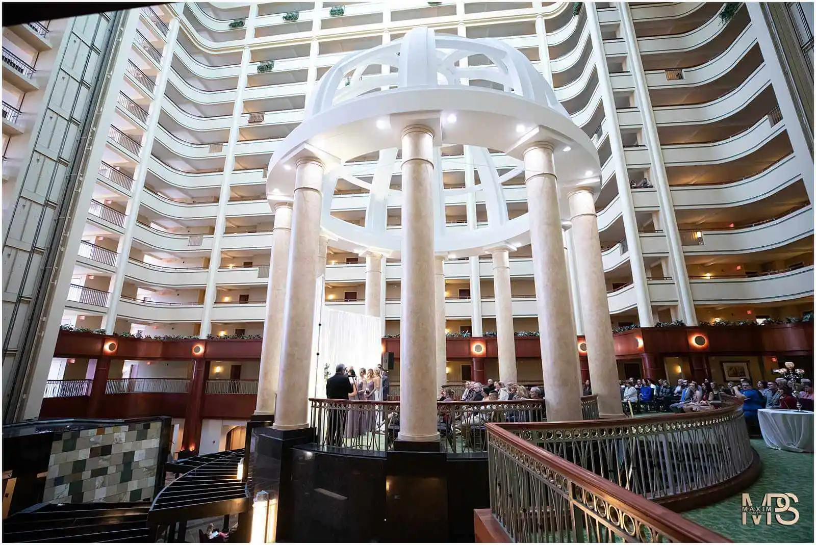 Luxurious hotel atrium with elegant architecture and balconies  at Marriott Rivercenter Covington KY