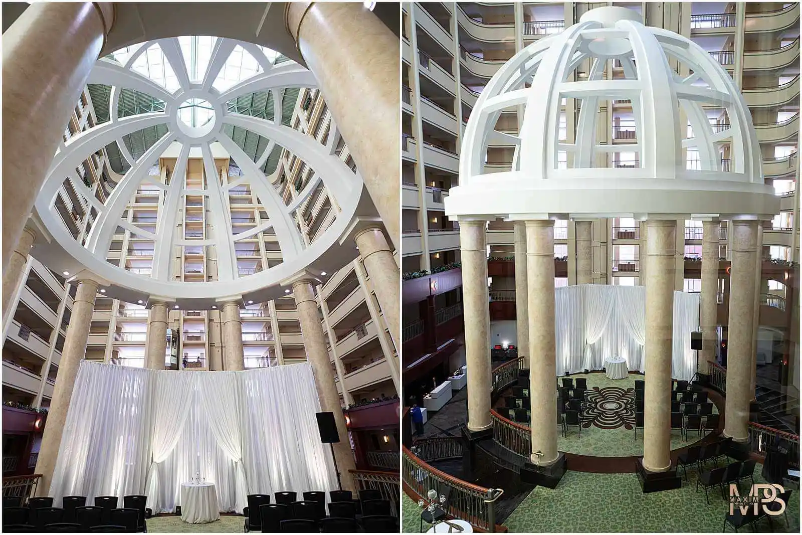 Elegant hotel atrium prepared for wedding ceremony.