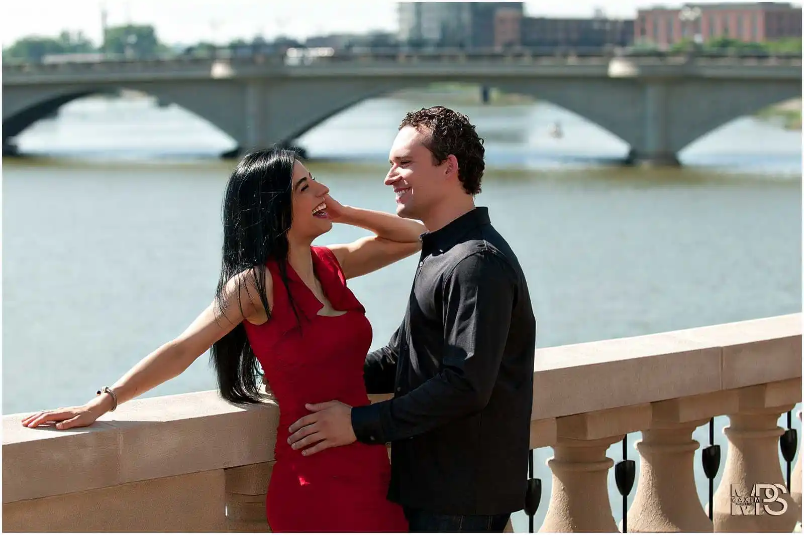 Lovers By The River Downtown Columbus Engagement