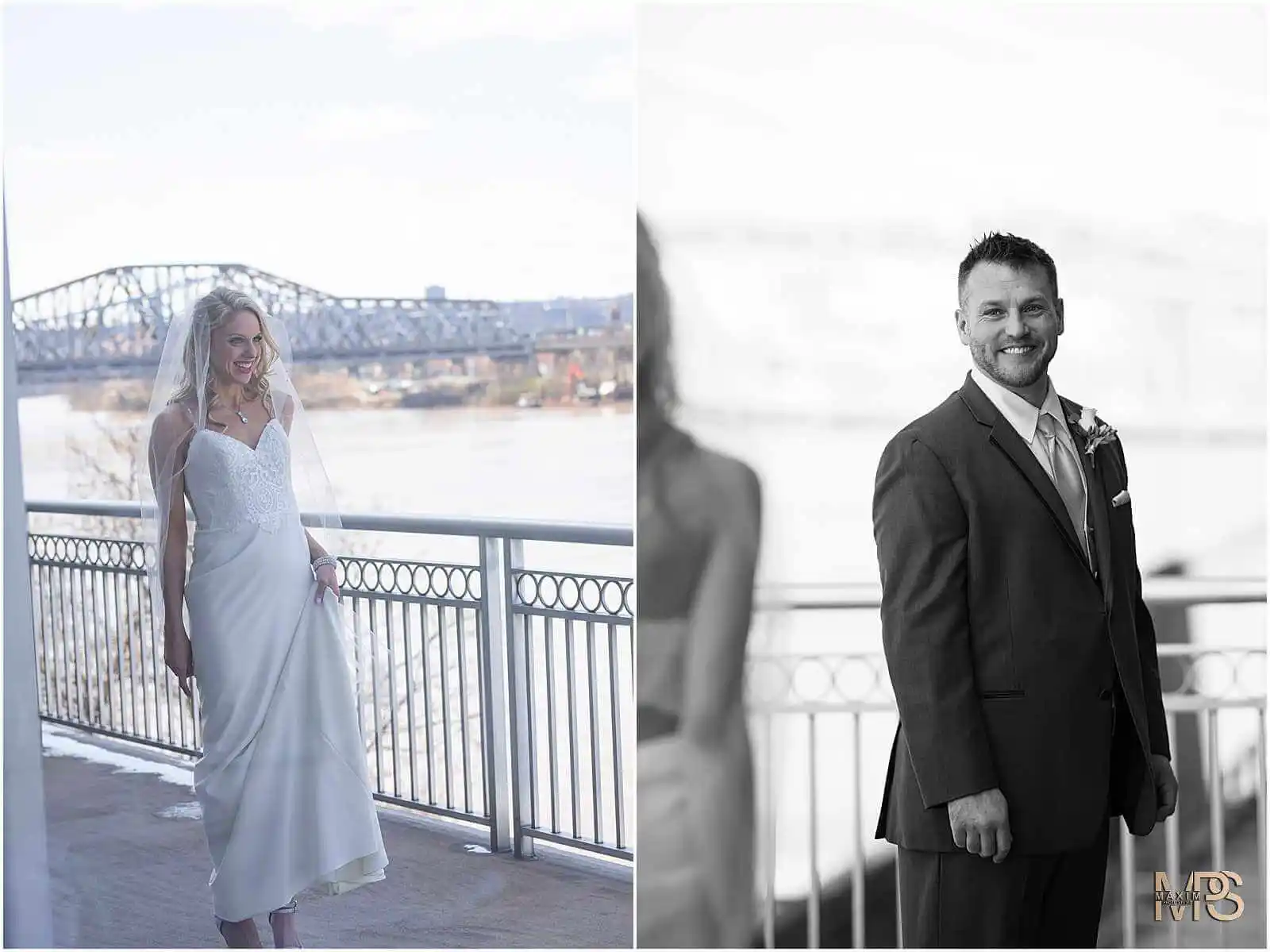 Bride and groom posing separately with scenic river bridge background Marriott Rivercenter Covington KY