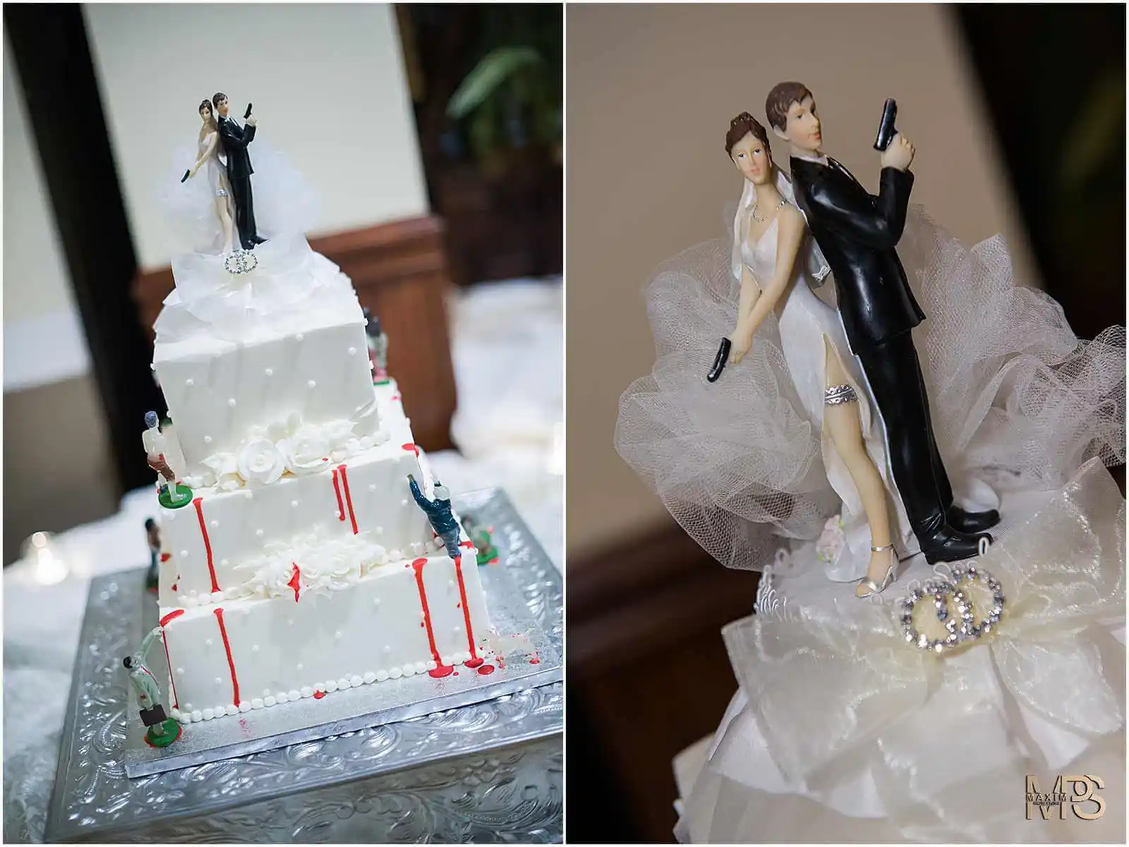 Bride and groom figurine cake toppers on wedding cake.