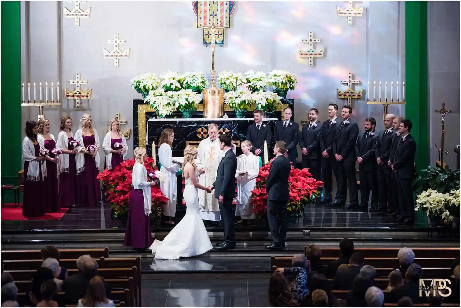 Elegant Cincinnati church wedding ceremony with bride and groom.