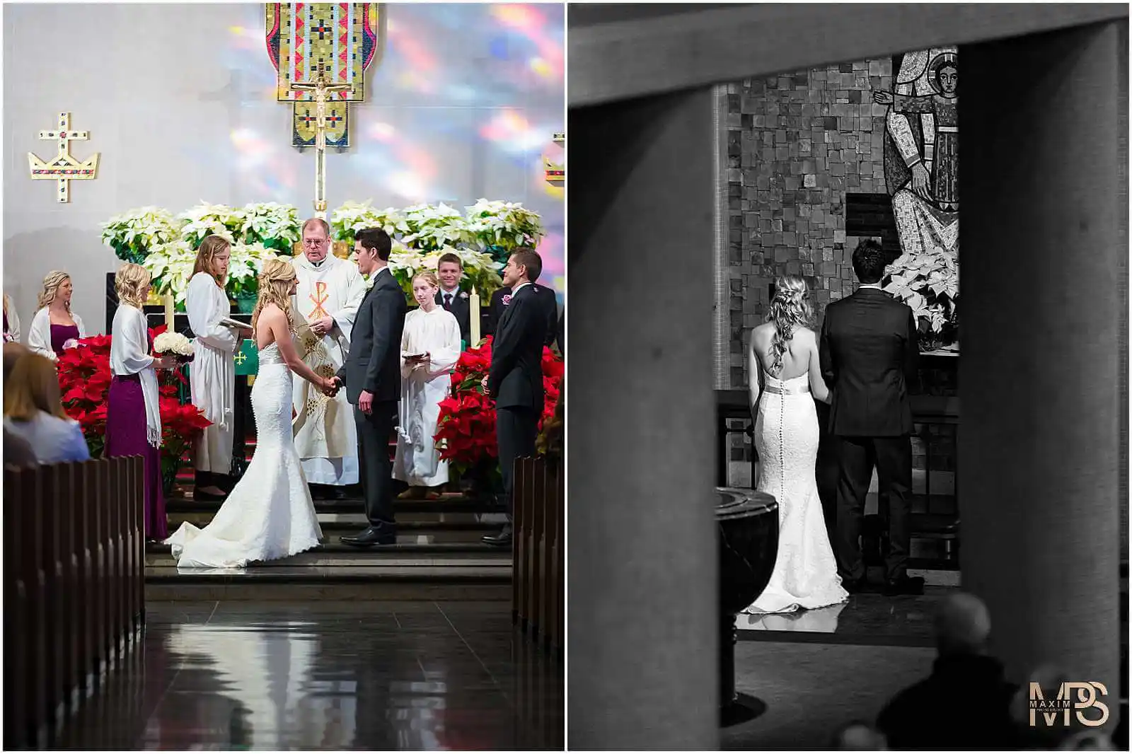 Cincinnati church wedding scene with elegantly dressed couple.