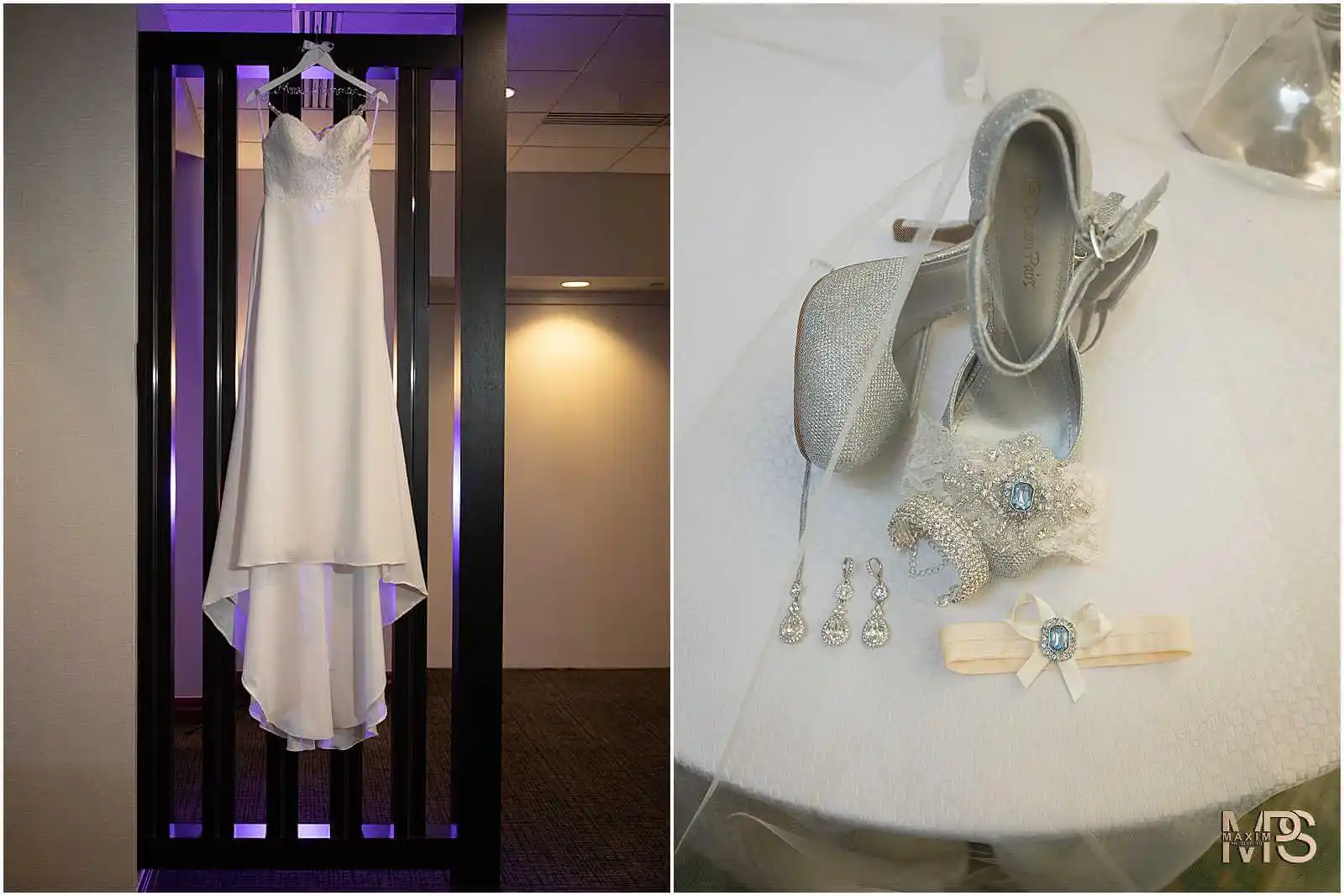 Elegant wedding dress on hanger with bridal accessories.