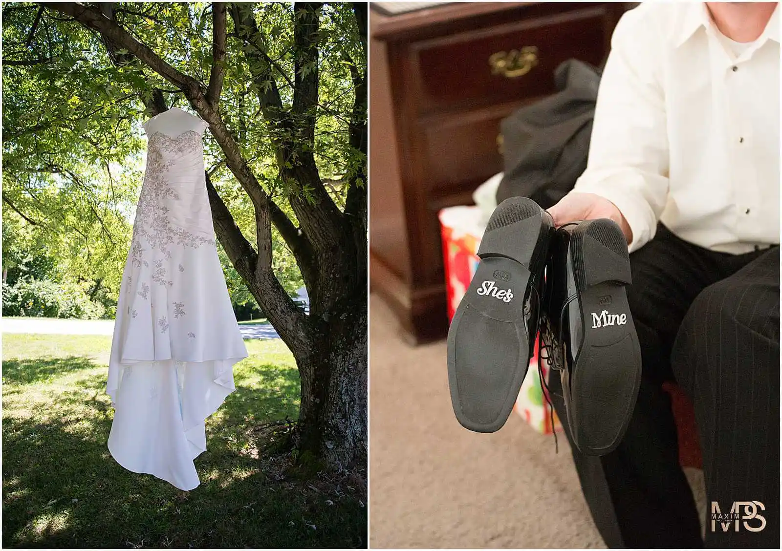 Elegant wedding dress hanging on a tree and grooms shoes with Shes Mine lettering.