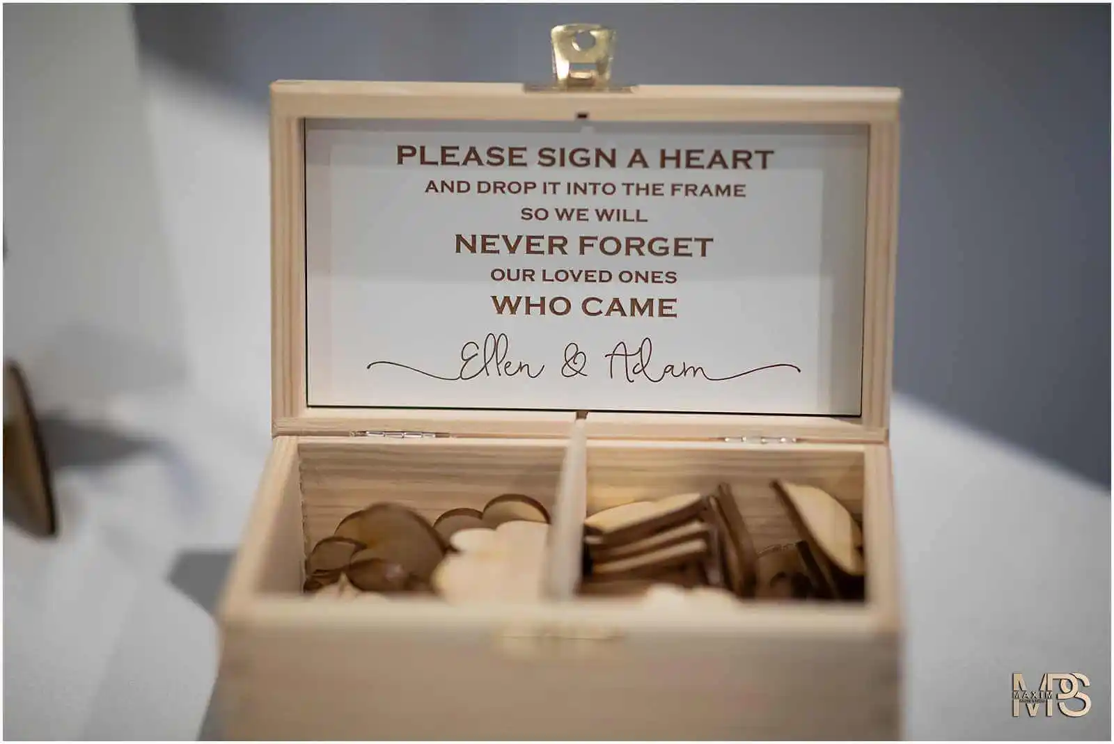 Wooden heart guestbook box for wedding with sign instructions Marriott Rivercenter Covington KY.