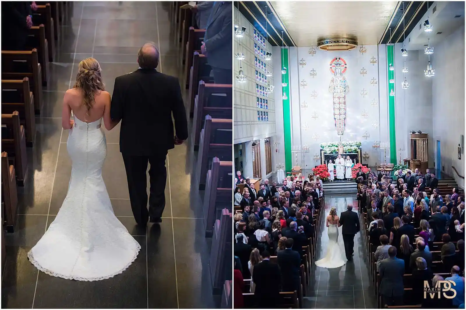Elegant bride and father walking to altar in Cincinnati church wedding.