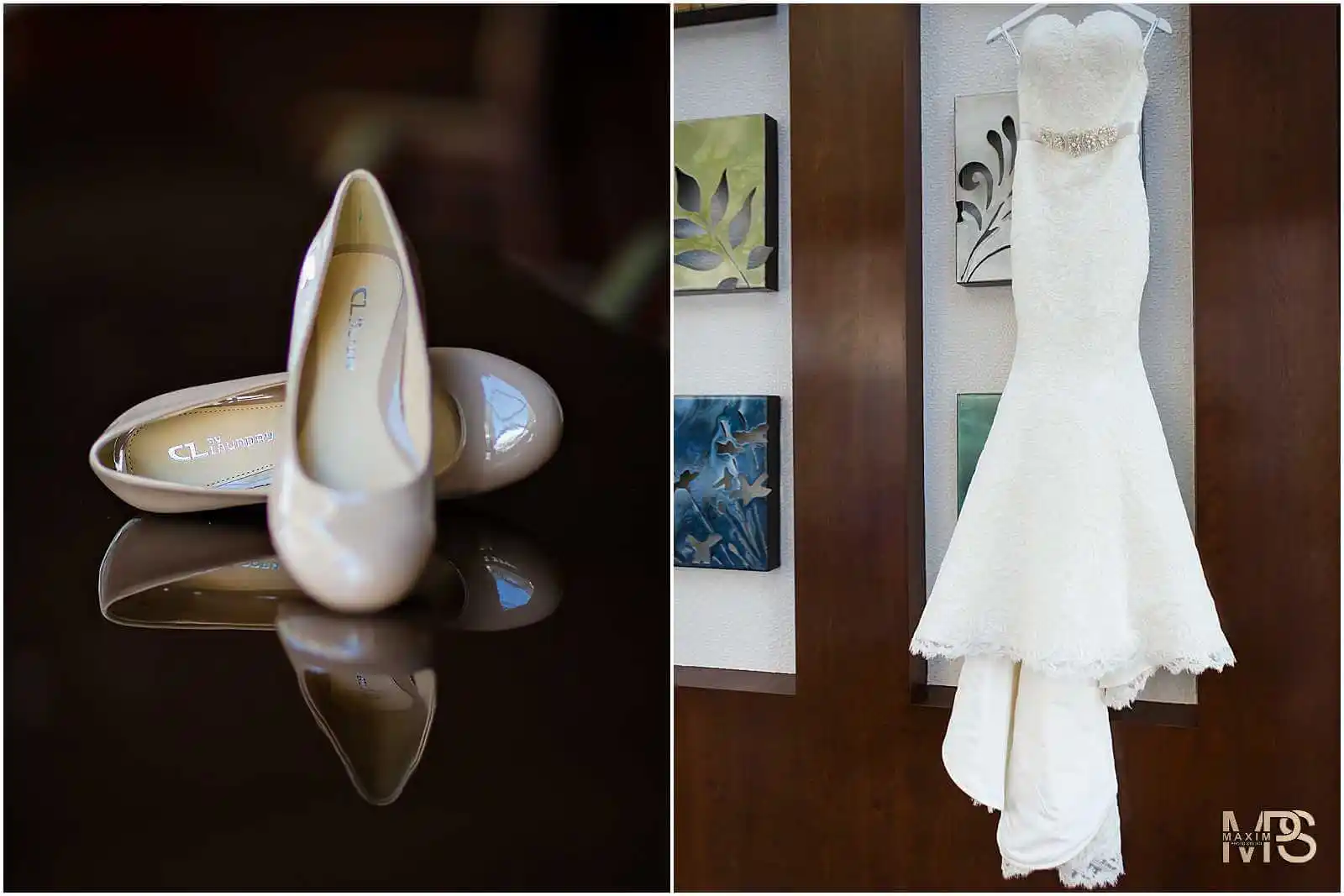 Elegant wedding dress and shoes reflected on shiny surface at Hyatt Regency Cincinnati.