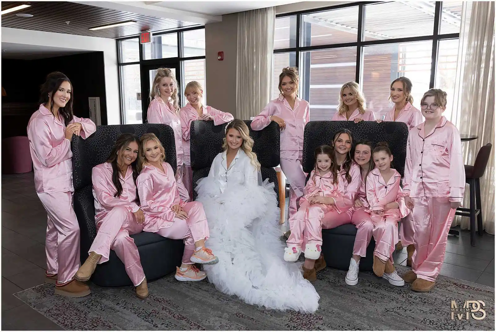 Manor House Ohio wedding bride and bridesmaids posing inside