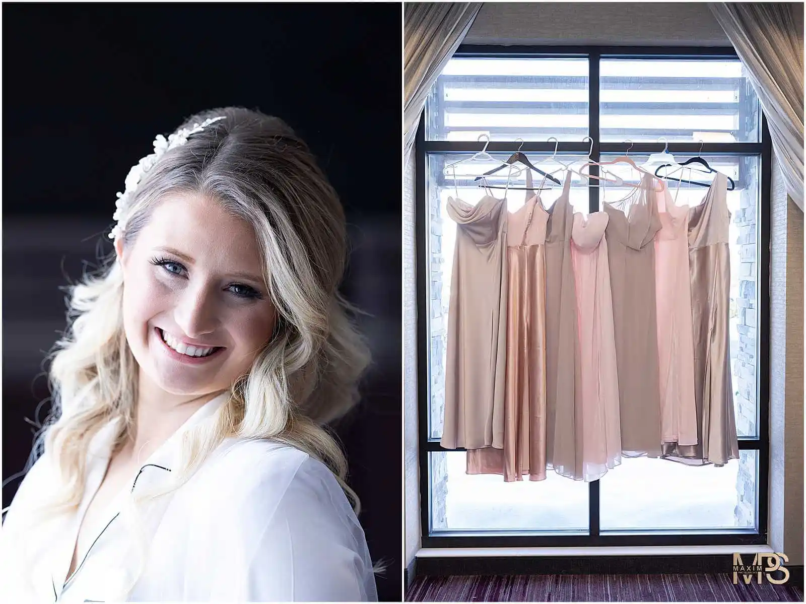 Bridesmaid dresses hanging in the window