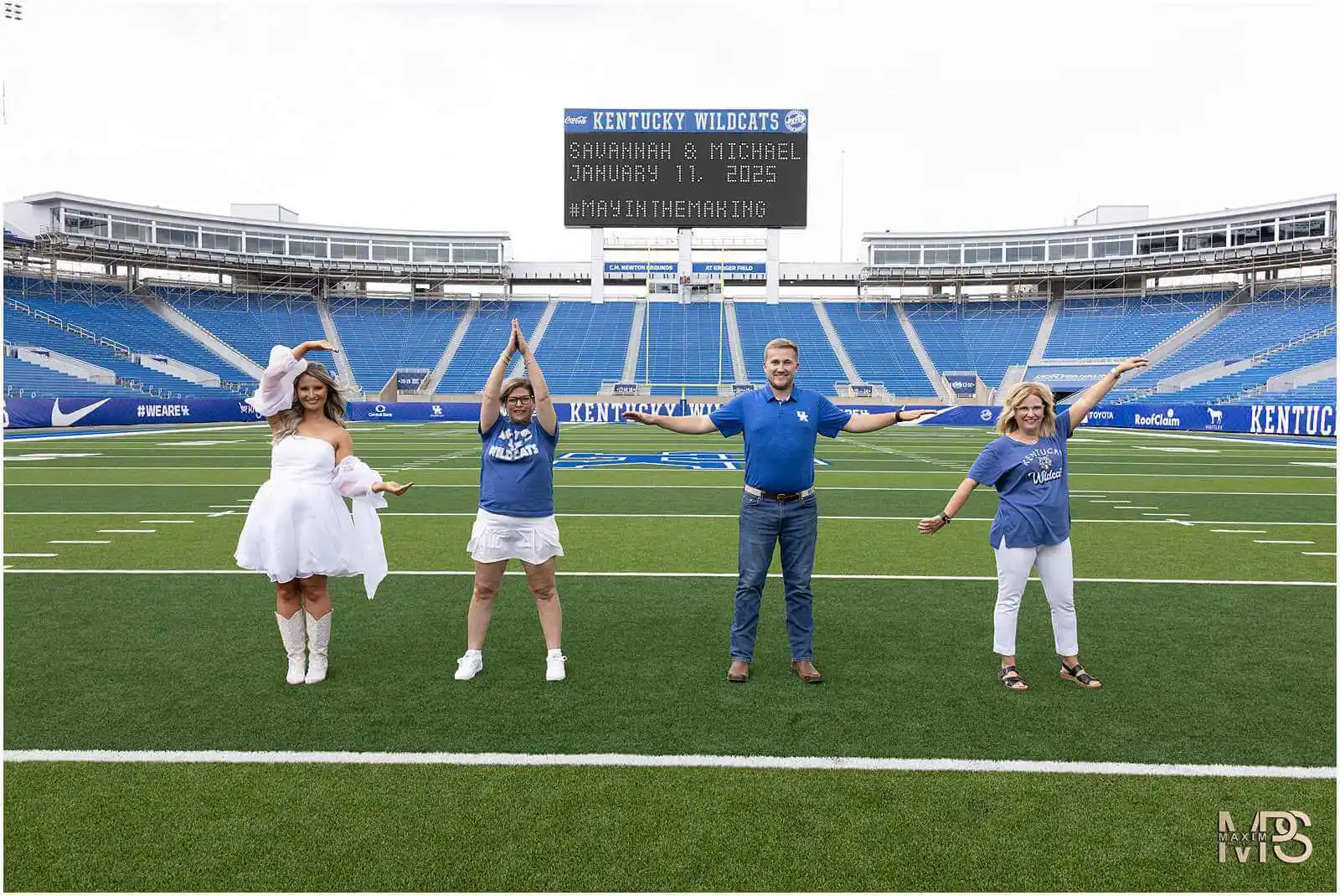 UK Kroger Field bride groom on the field engagement session with moms