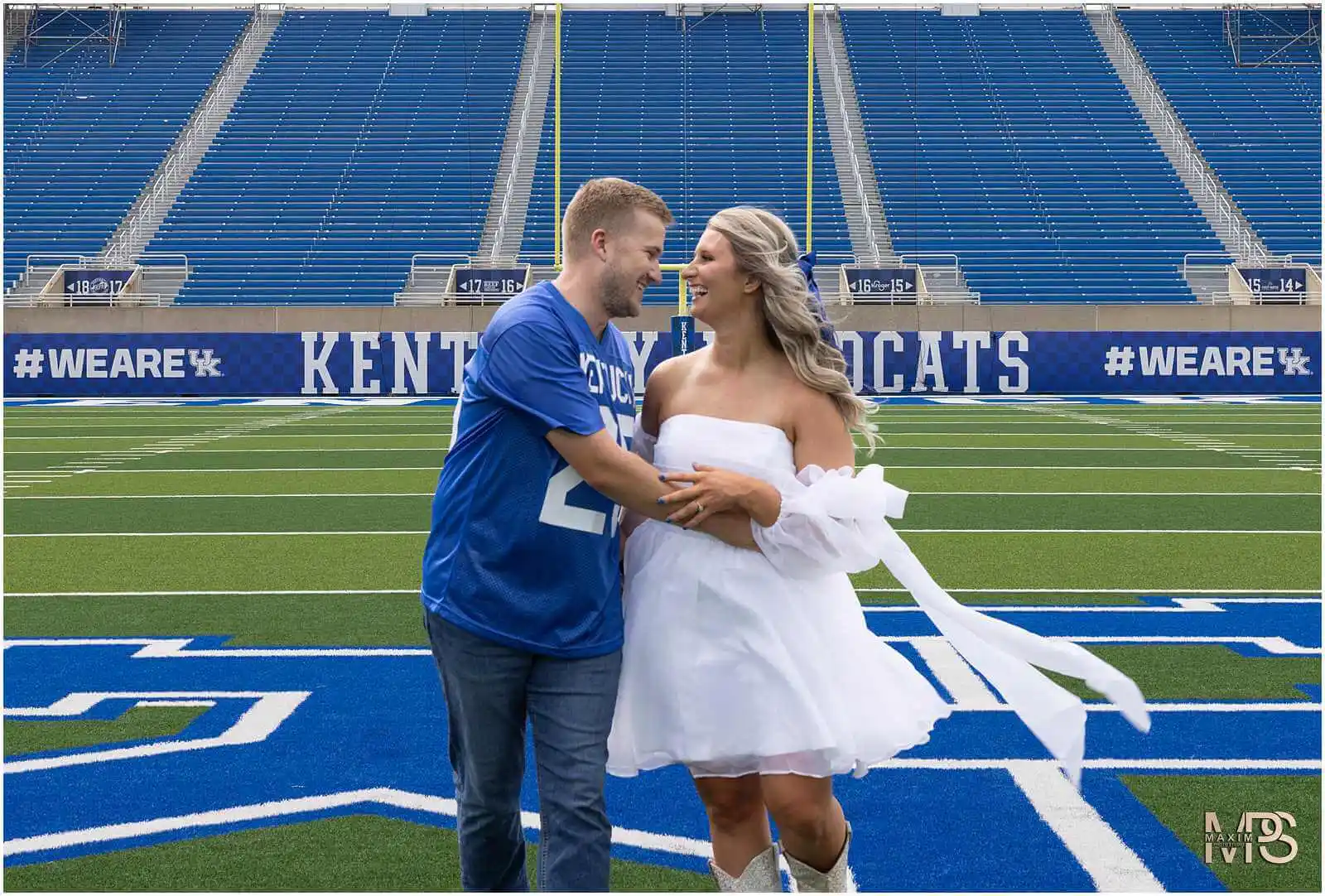 Bride and Groom laughing at UK Kroger Field engagement photography session