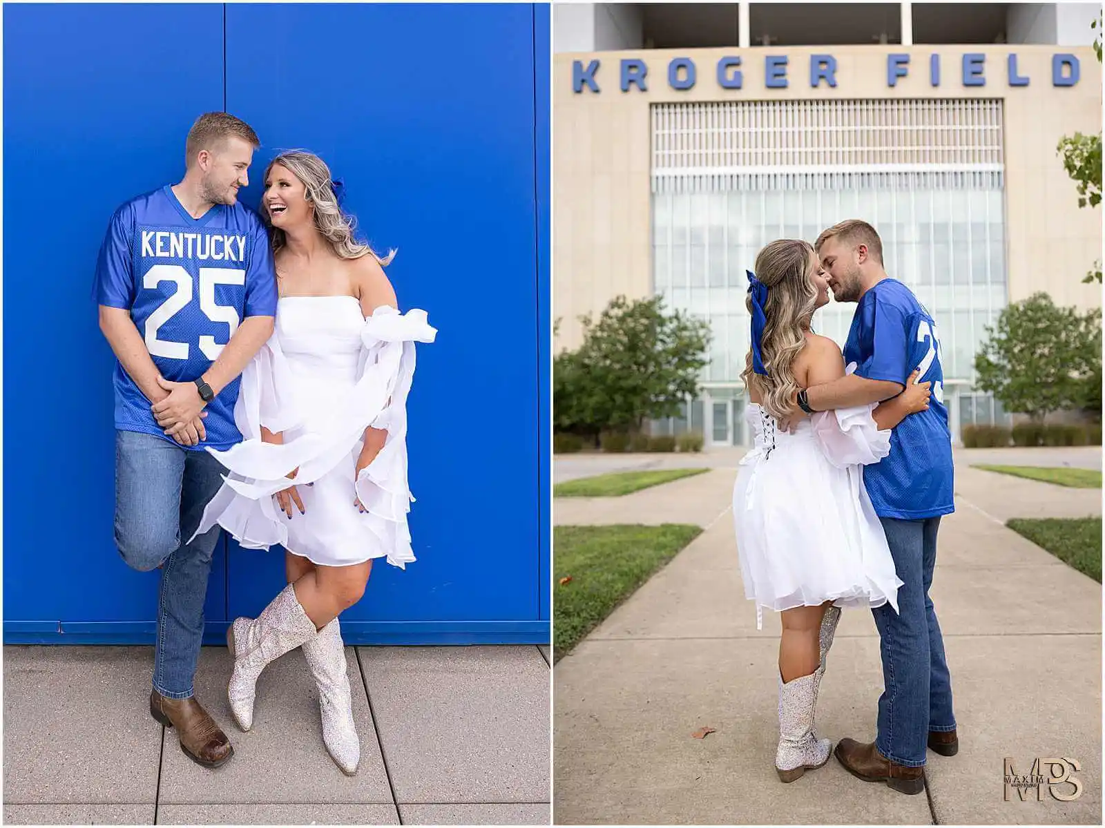 Bride and Groom posing at UK Kroger Field engagement photography session