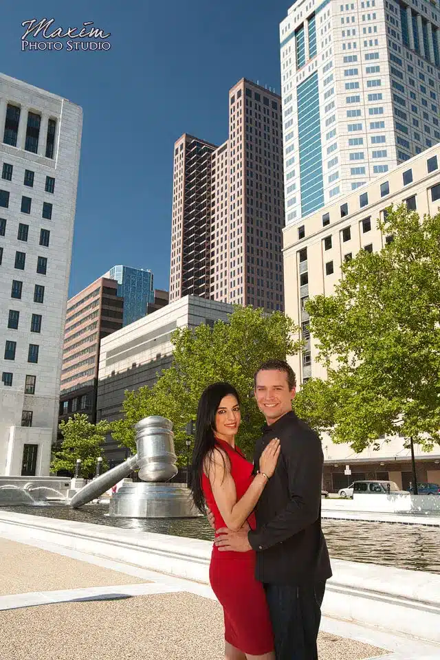 Downtown Columbus wedding engagement couple