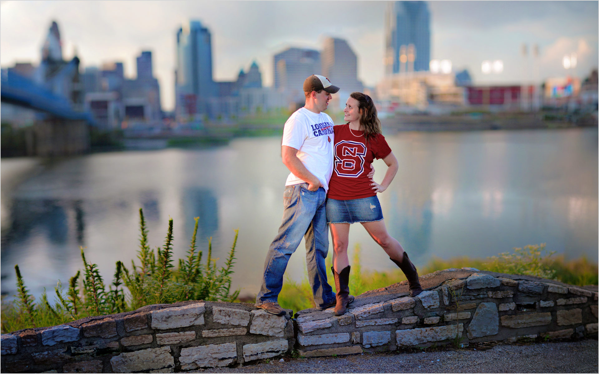 Cincinnati skyline engagement roebling bridge