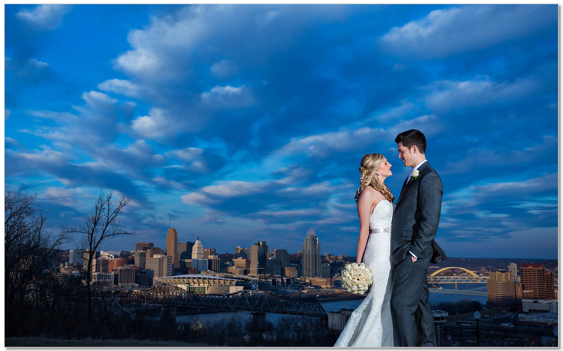 Cincinnati Wedding skyline bride groom