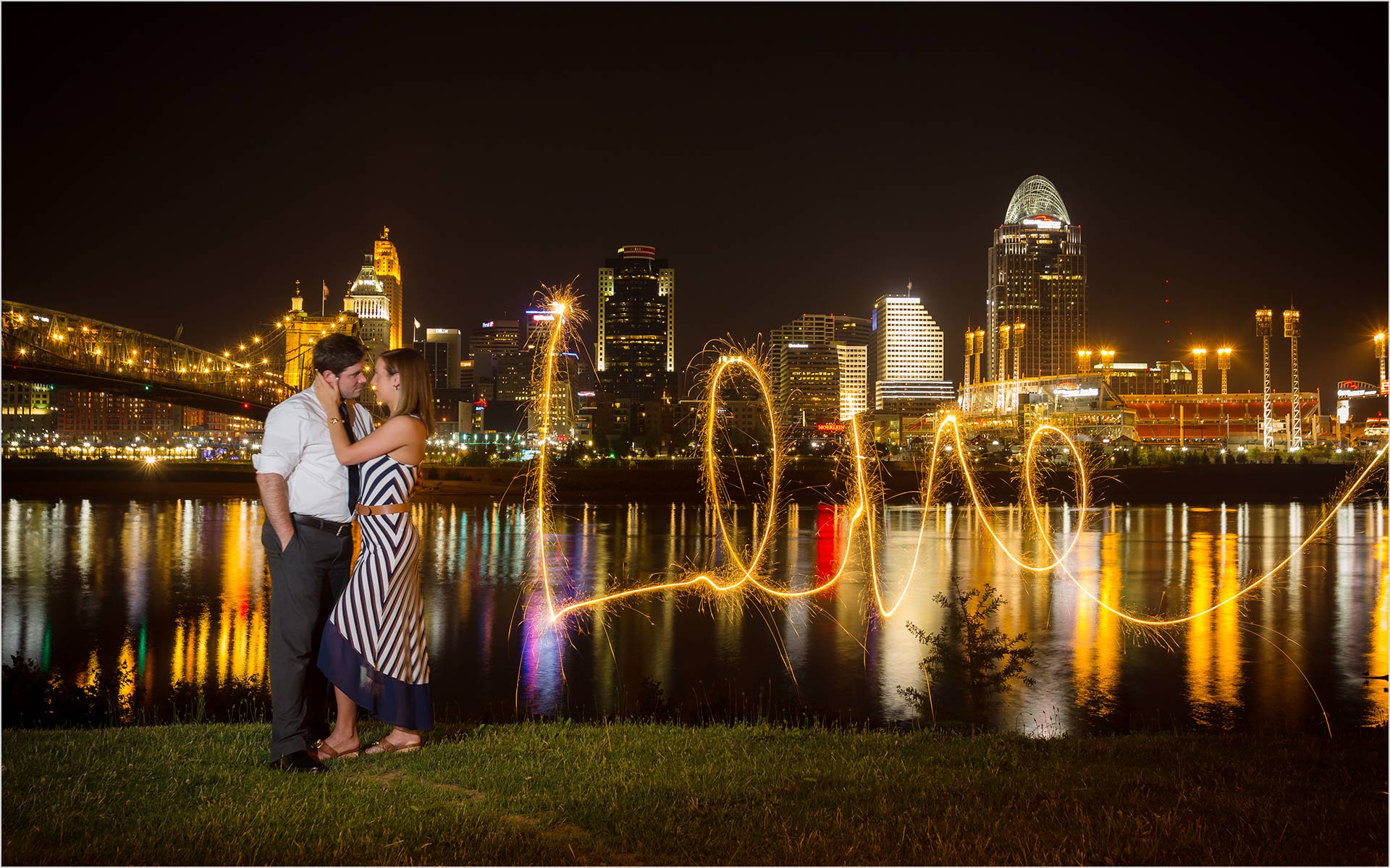 Cincinnati Skyline Love sparkler image engagement