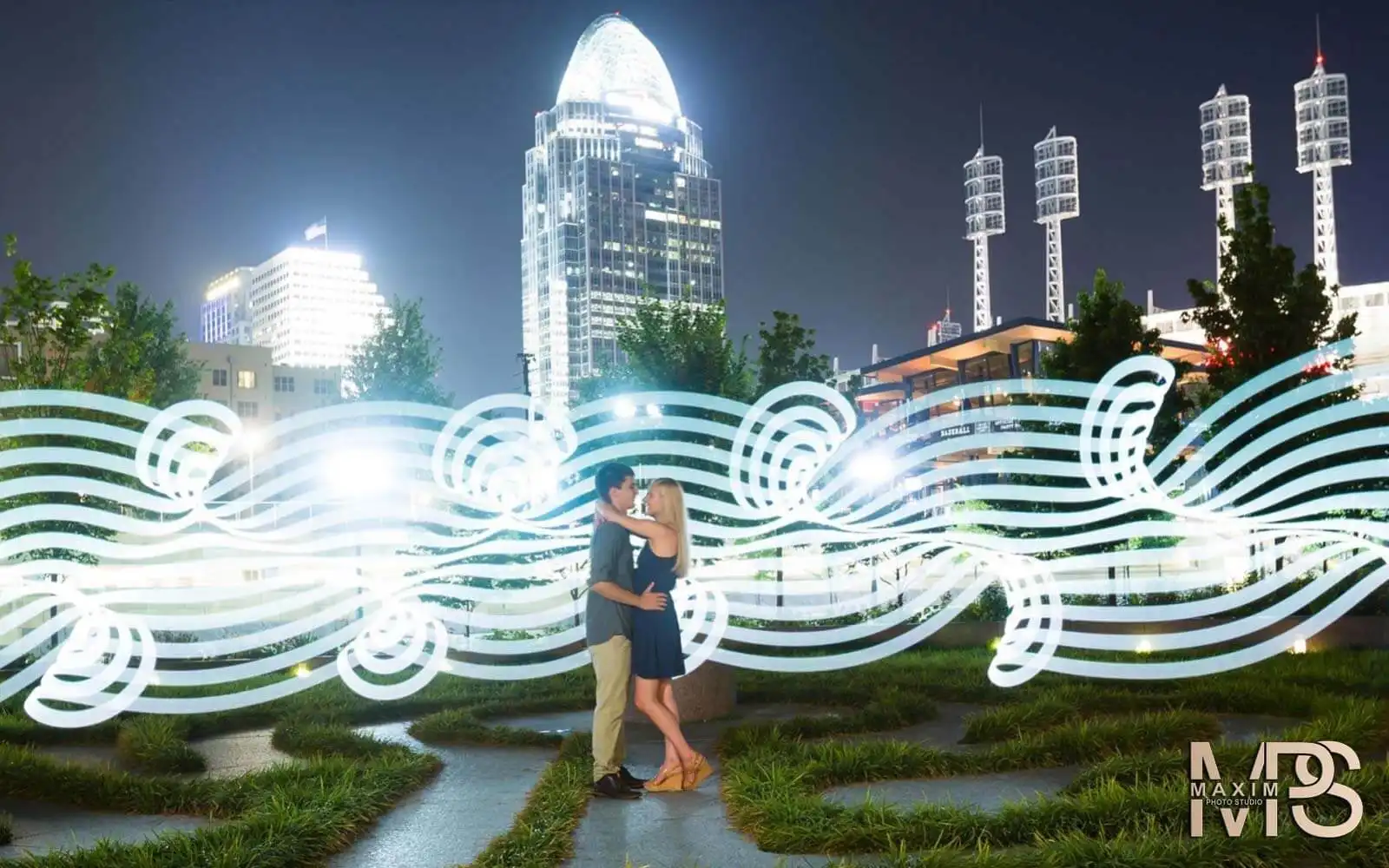 Smale Riverfront Park engagement at night