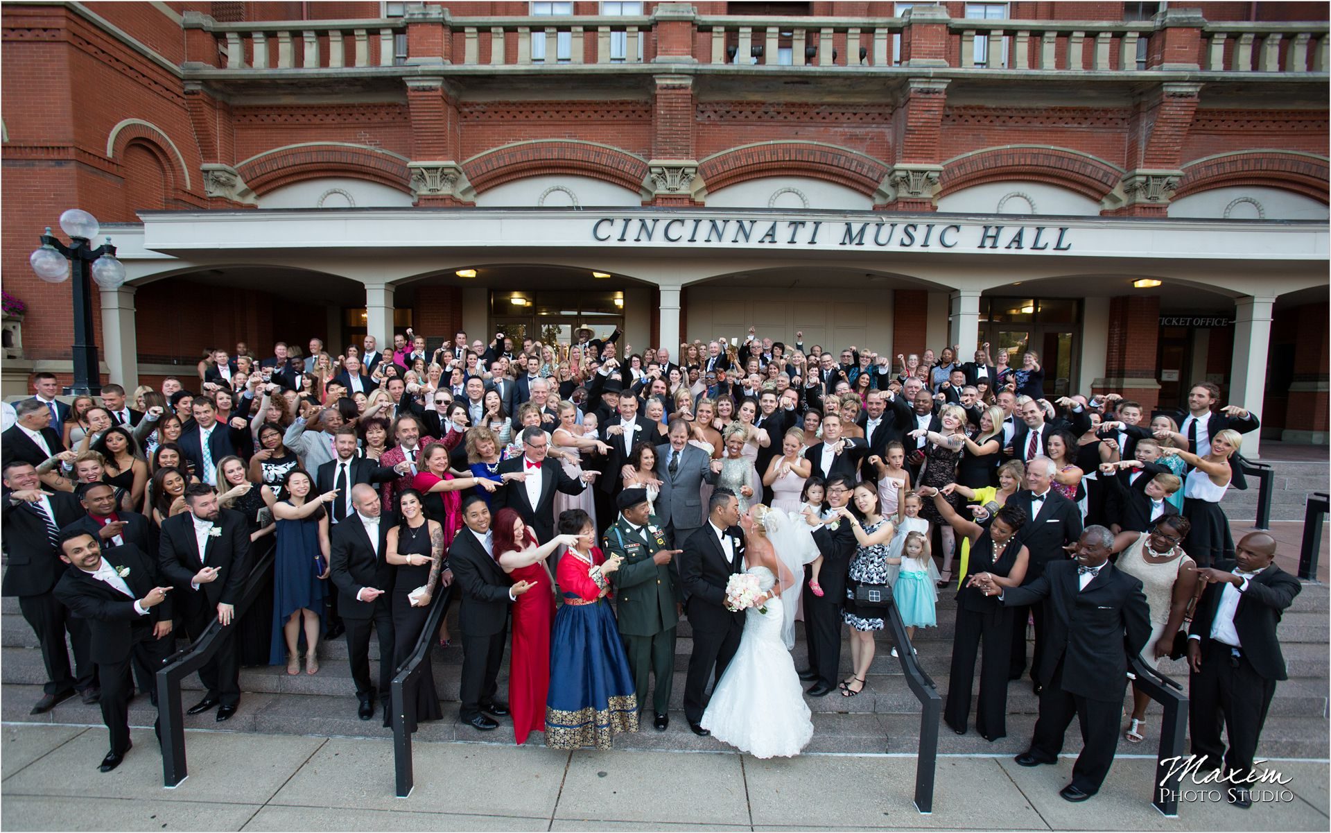Cincinnati Wedding Photographers Music Hall Wedding Reception Group Photo