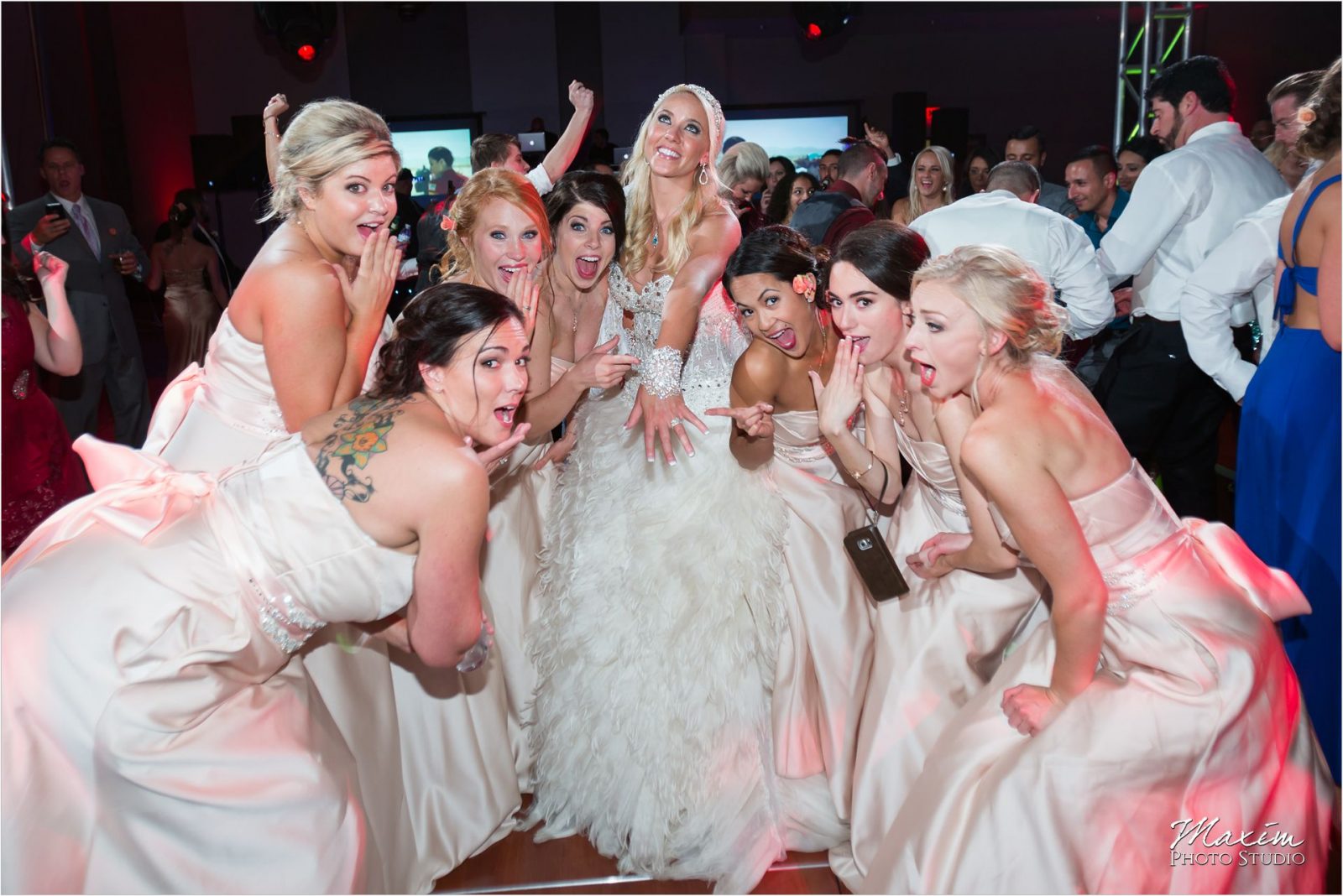 Cincinnati Wedding Photographers Sharonville Convention Center Wedding Reception bride ring bridesmaids