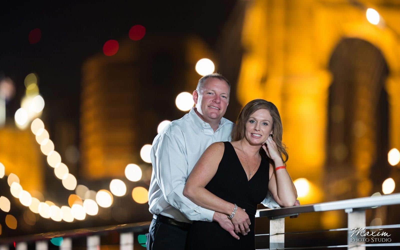 Roebling Bridge Cincinnati wedding engagement at night