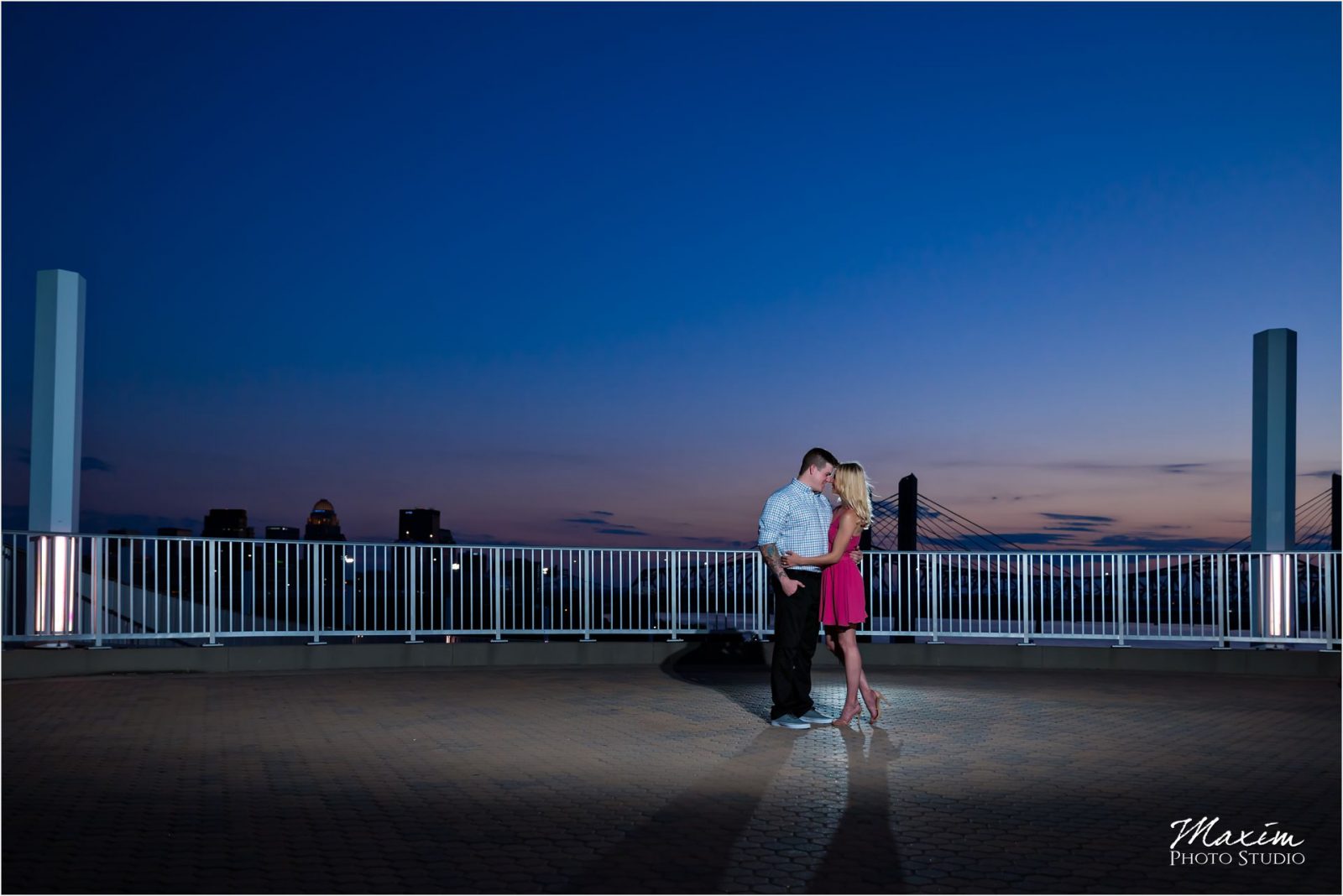 Cincinnati Wedding Photographers Louisville Waterfront Park bridge engagement sunset