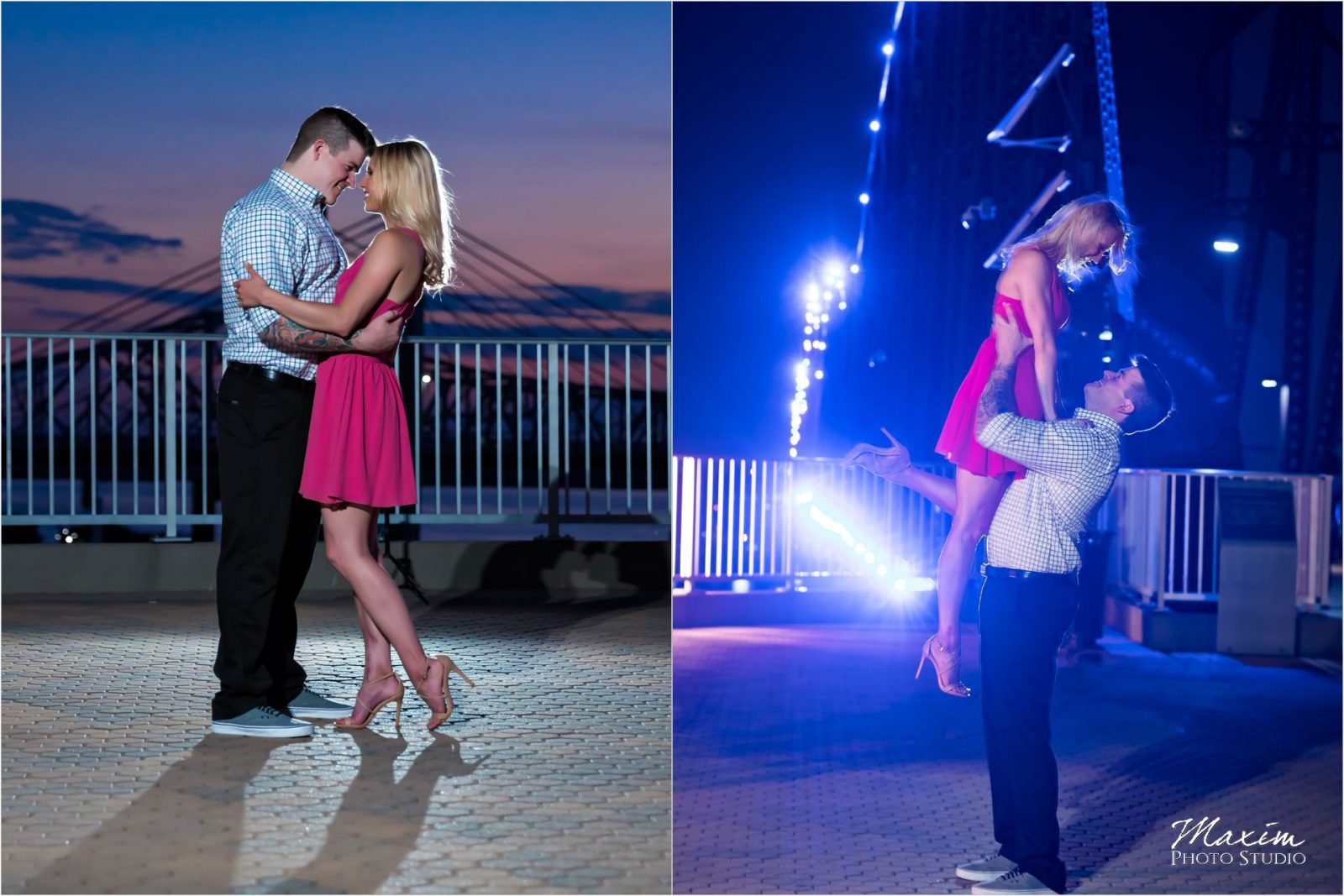 Cincinnati Wedding Photographers Louisville Waterfront Park bridge engagement nighttime