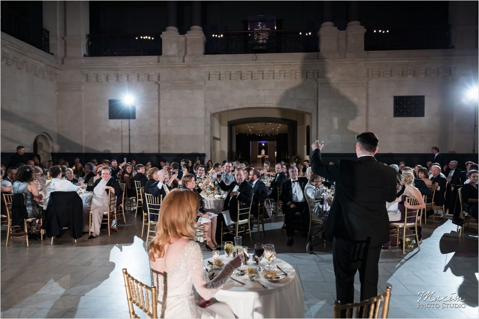 Cincinnati Wedding Photographers Art Museum bride groom reception toast