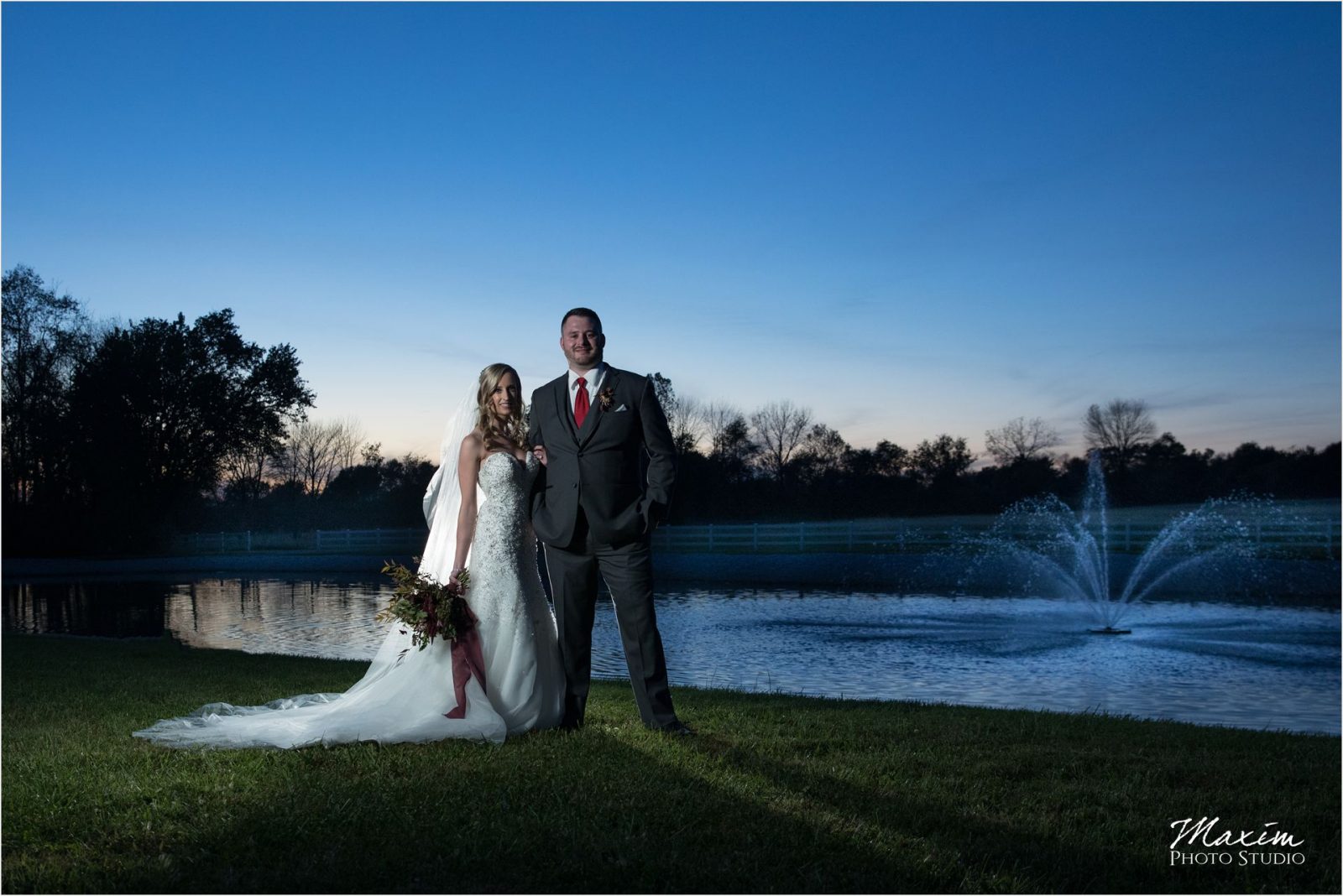 Rolling Meadows Ranch Wedding Bride groom lake fountain